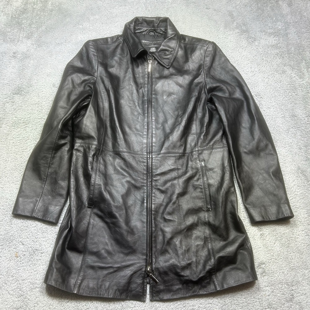 Jaclyn Smith Jacket Womens L Black 100% Leather Full Zip Pockets‎ Bomber *SPOTS